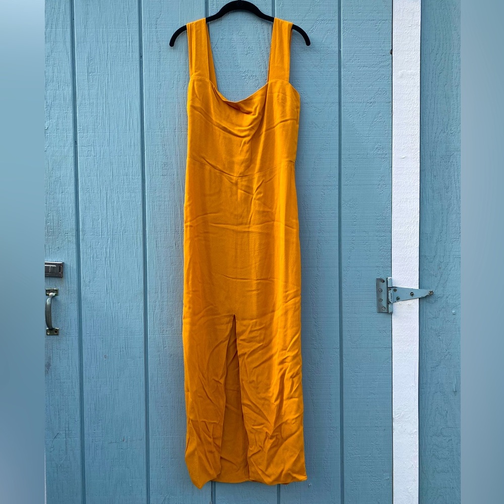 Mustard gold yellow midi dress by Reformation with wide straps and front slit